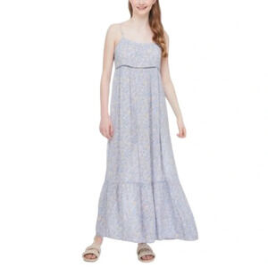 WILD SKYE Tiered Floral Maxi Dress Blue Spaghetti  Strap Plisse Milkmaid S